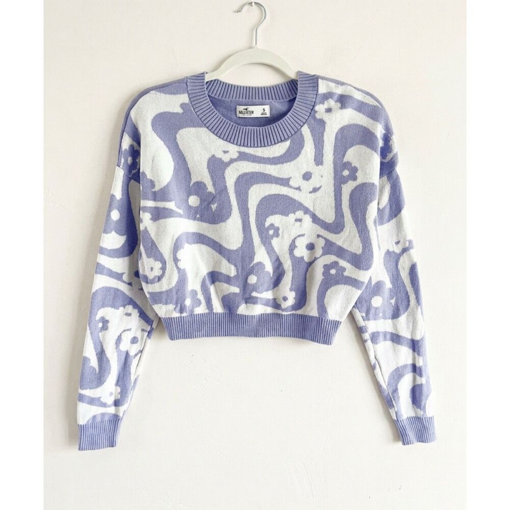 Hollister Purple Cropped Sweater S White Floral Groovy Waves Hippie Long Sleeves